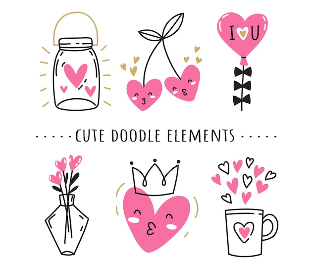 Insieme di elementi di amore carino doodle