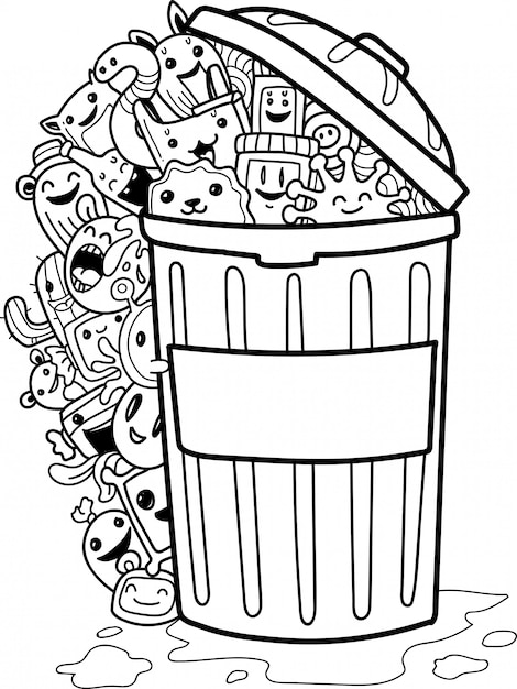 Vector set of cute doodle monsters and garbage can