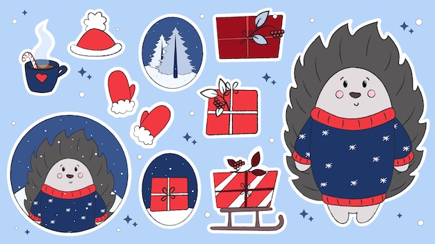 Set of cute doodles with Christmas animals, Santa's helpers, vector illustration with polar bear