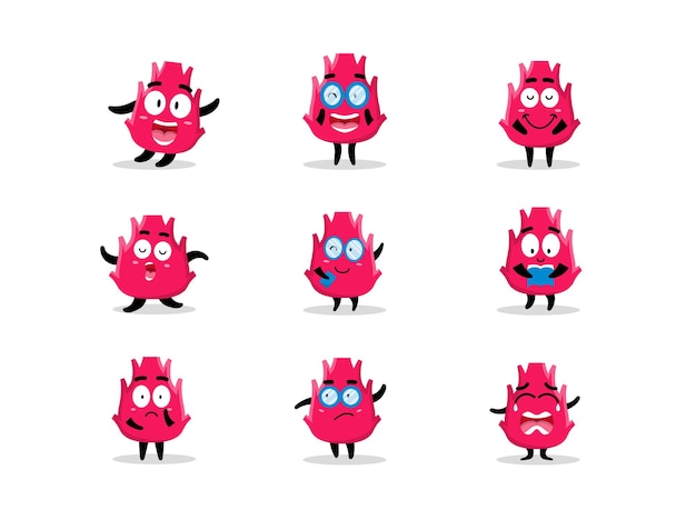 Vector set of cute dragon fruit character in different poses