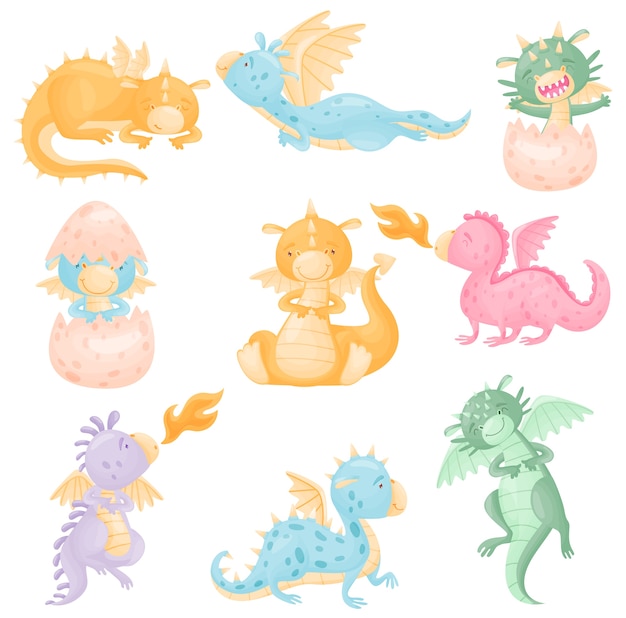 Vector set of cute dragons of different colors with wings