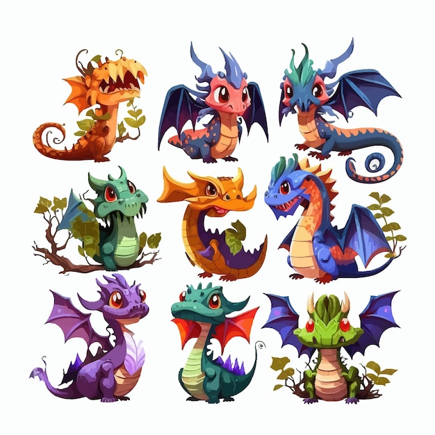 Set di simpatici draghi isolati sullo sfondo illustrazione vettoriale piatta dei cartoni animati