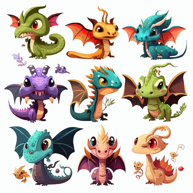 Set of Cute Dragons Isolated on background Cartoon flat vector illustration