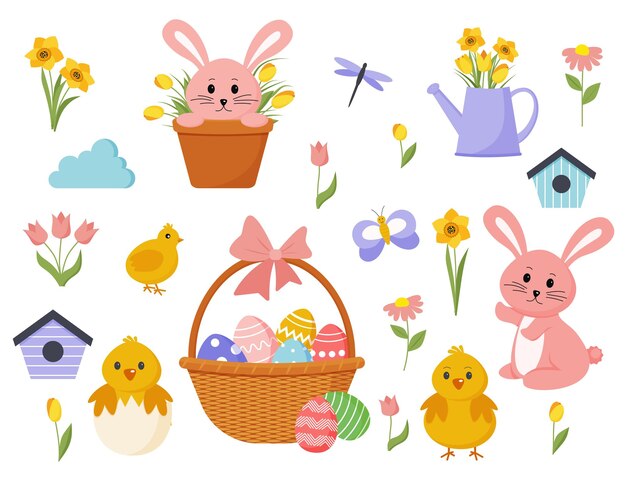 Set of cute Easter cartoon characters and design elements Easter bunny chickens eggs and flowers Vector illustration Eps 10