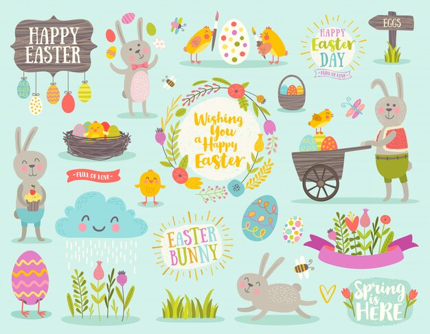 Vector set of cute easter cartoon characters and design elements.