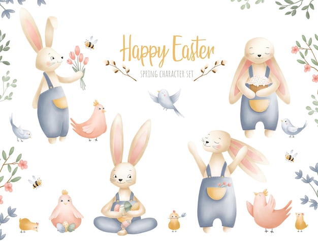 Vector set of cute easter cartoon characters and spring decorative elements bunnies eggs chickens chicks