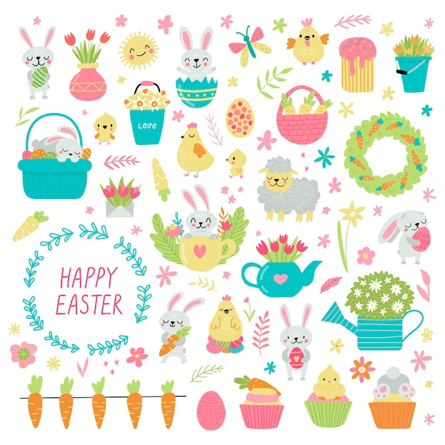 Set di simpatici elementi del fumetto di pasqua. coniglietto, galline, uova e fiori.