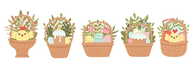 Set of cute Easter design elements Basket with flowers and Easter eggs Vector illustration