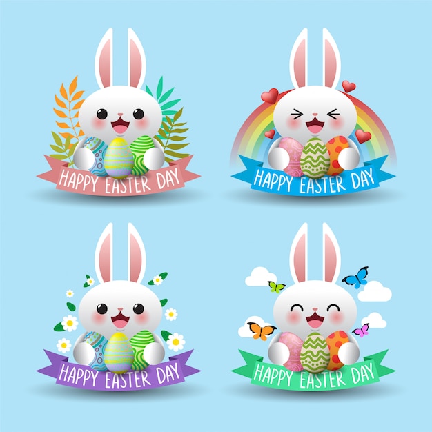 Set Of Cute Easter Eggs and Easter Bunny Expression Design 