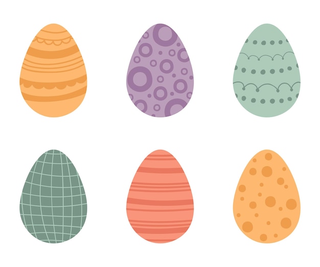 Impostare simpatiche uova di pasqua in stile piatto. illustrazione colorate uova minimaliste con motivo astratto in colori pastello. vettore