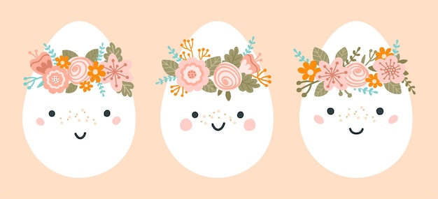 Set cute easter eggs in pastel colors illustration easter eggs characters with wreaths of flowers vector