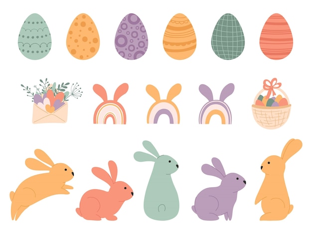 Set cute easter eggs and rabbits in pastel colors colorful illustration with rainbow envelope and basket with eggs in flat style vector