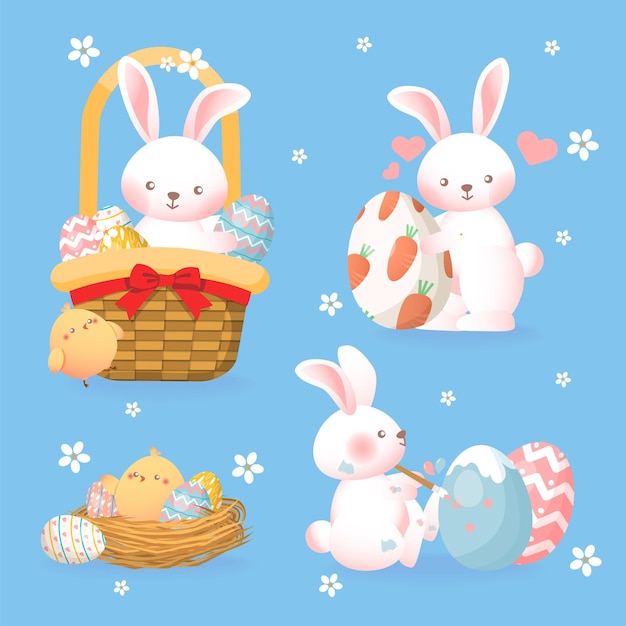 A set of cute easter illustrations with eggs, hares, baskets, nests and chicks