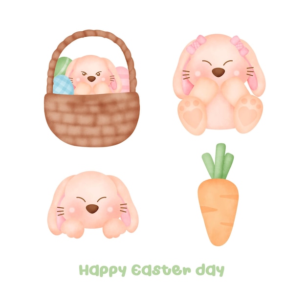 Set of cute  easter rabbit in watercolor style