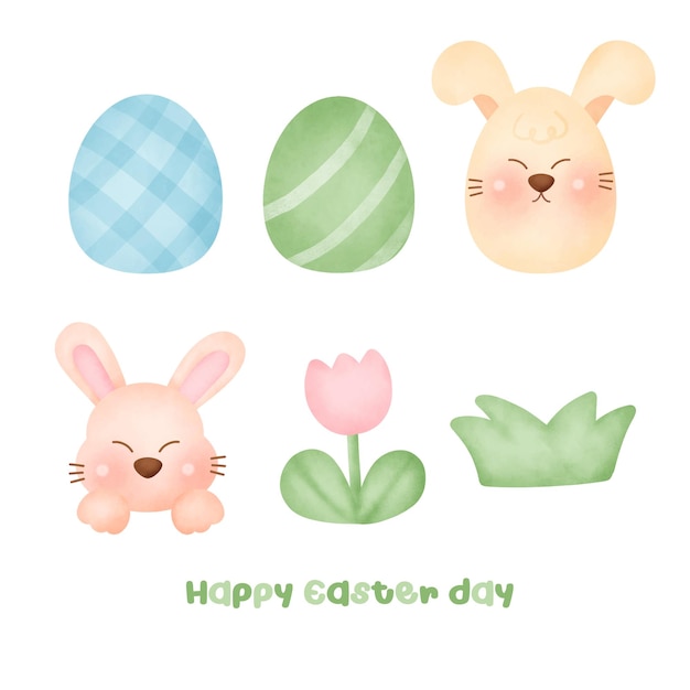 Set of Cute  Easter rabbit in watercolor style