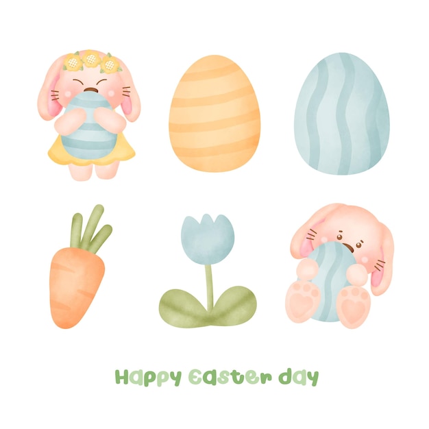 Set of Cute  Easter rabbit in watercolor style