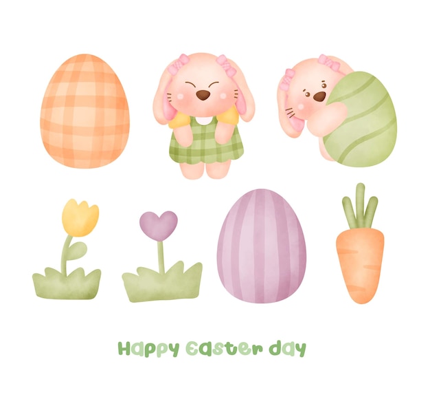 Set of Cute  Easter rabbit in watercolor style