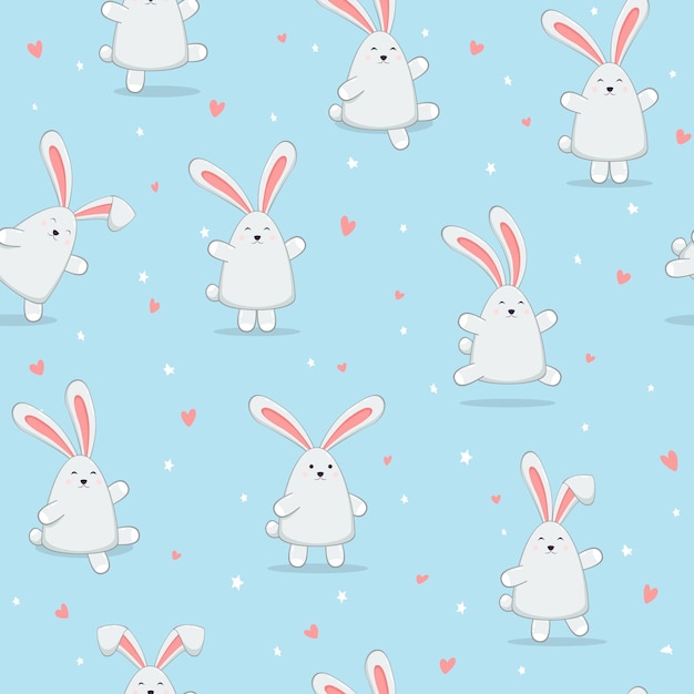 Набор милых пасхальных кроликов с сердечками и звездами на синем фоне. Бесшовный фон со счастливым кроликом на Пасху или День Святого Валентина, иллюстрация.