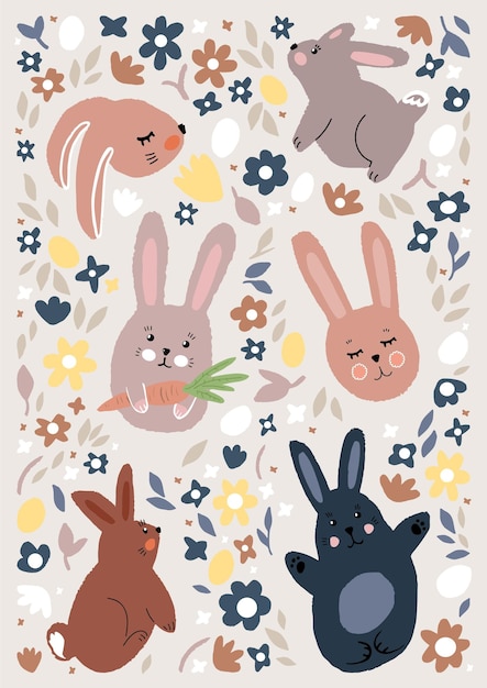Vector a set of cute easter stickers made of bunnies and flowers tender baby hand drawn flat illustration