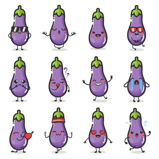 Set of cute eggplant character in different action emotion