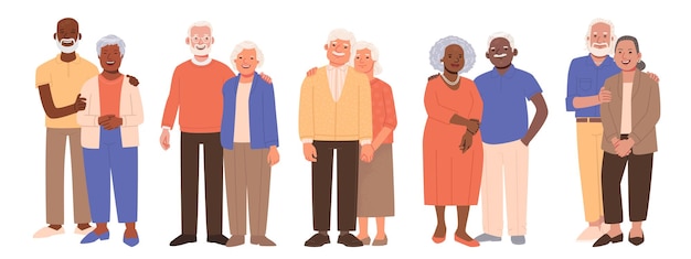 Vector set of cute elderly couples happy seniors together old men and women spouses