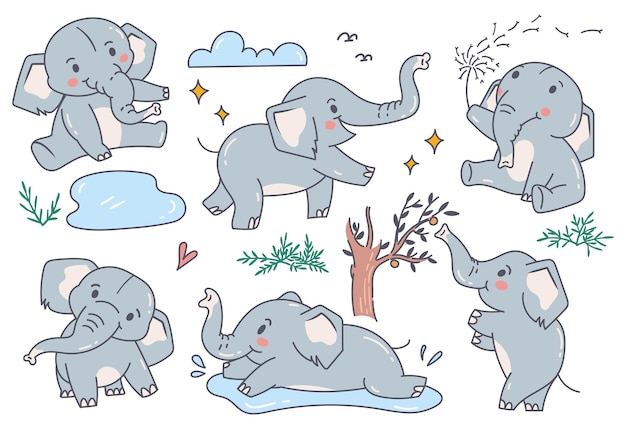 Vector set of cute elephant cartoon character