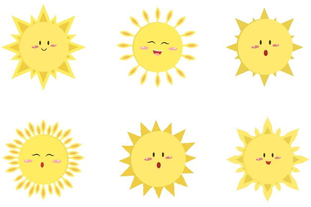 Set of Cute Expressions Flat Design Sun