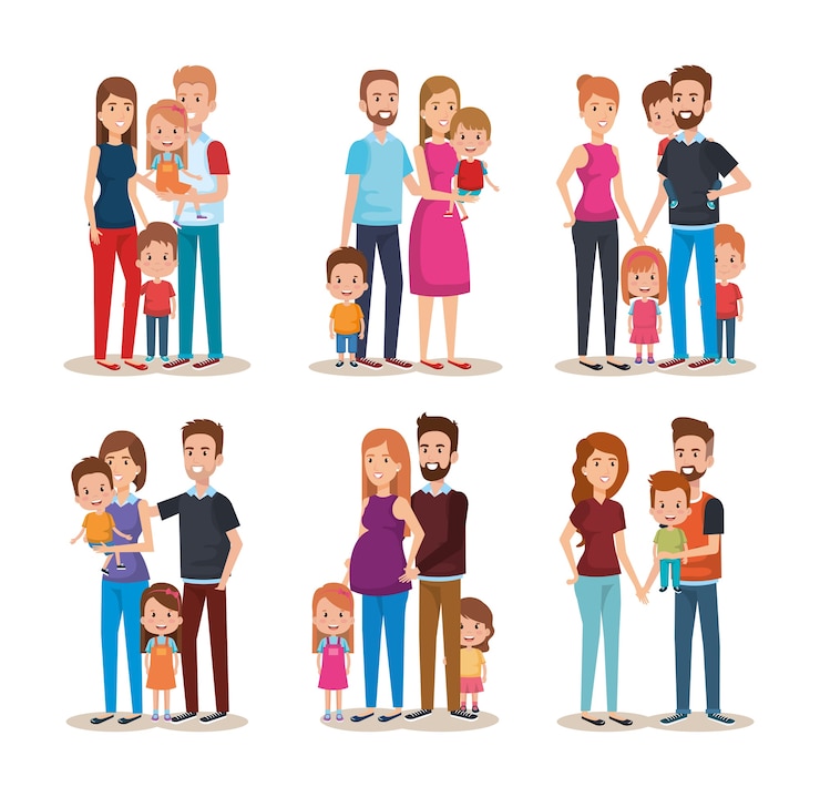 Vector set cute family happy characters