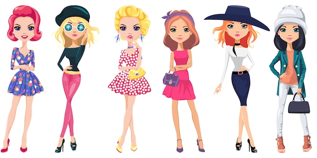 Vector set cute fashion girls