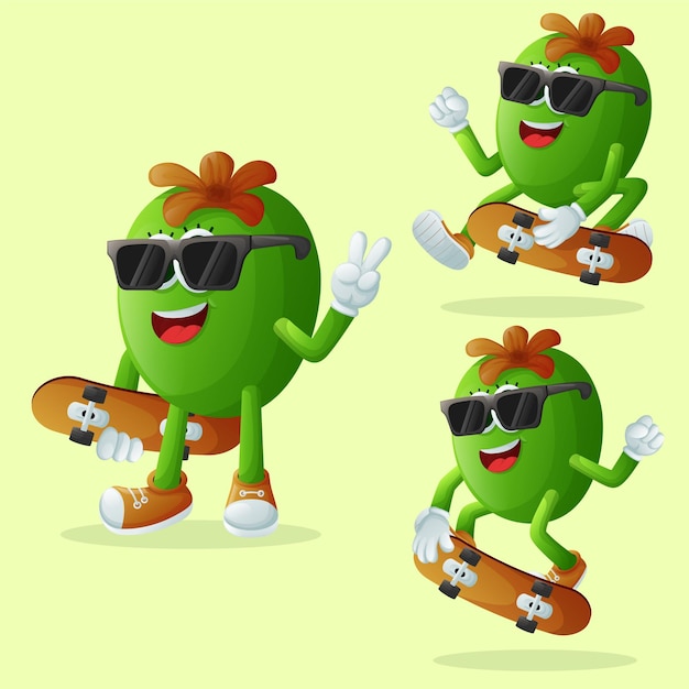 Set of cute Feijoa characters skateboarding Perfect for kids merchandise and sticker banner promotion or blog