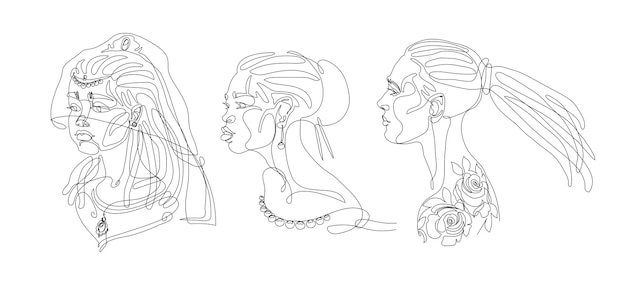 A set of cute female heads with jewelry and tattoos Drawing in one line