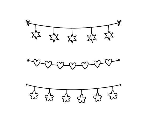 Set di graziosi bunting festivi per una festa isolata su sfondo bianco illustrazione del doodle disegnato a mano