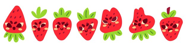 Set of cute flat strawberry emoticon