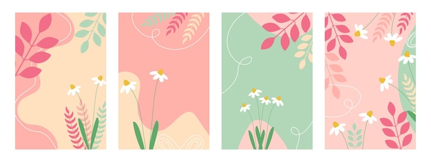 Set of cute floral backgrounds covers with daisies templates with flowers