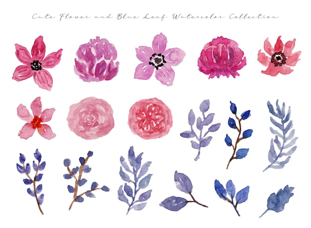 a set of cute flower and blue leaf watercolor