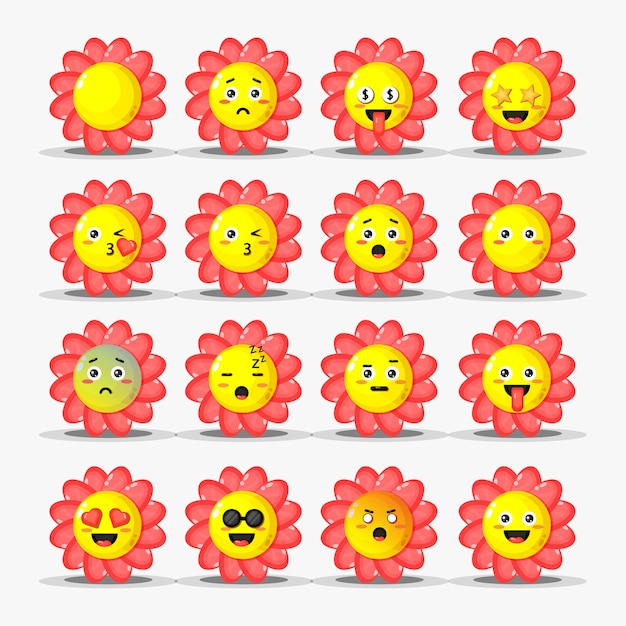 Set of cute flower with emoticons