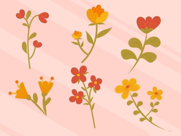 Набор милых цветов с ветками и листьями натуральных