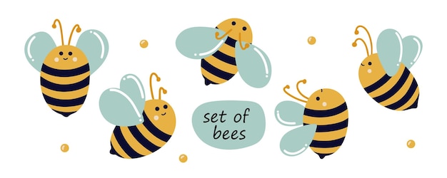 Set of cute flying bees in the cartoon style