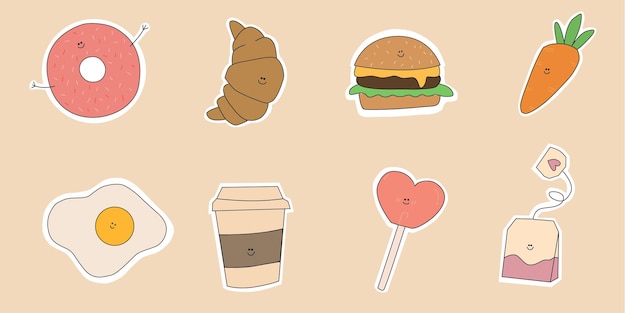 Set of cute food stickers with faces