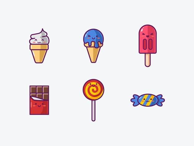 Vettore set di icone di cibi e bevande carini parte 5 iconica emoji sorridente set di illustrazioni cartoni animati vettoriali