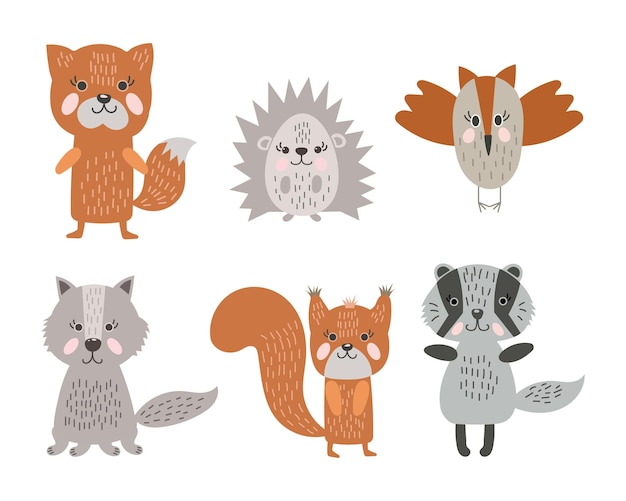 Set di simpatici personaggi di animali della foresta in stile doodle. stampa, illustrazione di cartoni animati per bambini