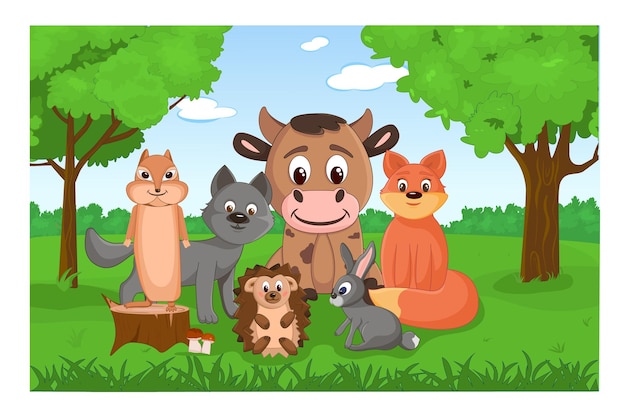 Set of cute forest animals in the forest