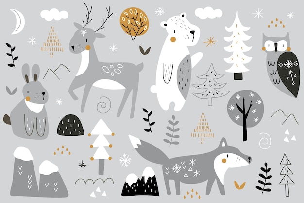 Set of cute forest animals hare bear fox deer and winter nature elements Vector illustration for your design