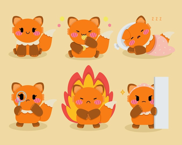 Set di illustrazione di design del personaggio di volpe carina
