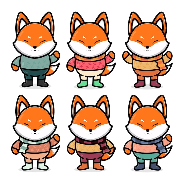 set cute fox with autumn concept illustration