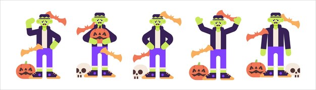 set of cute frankenstein costume for halloween with various pose illustration