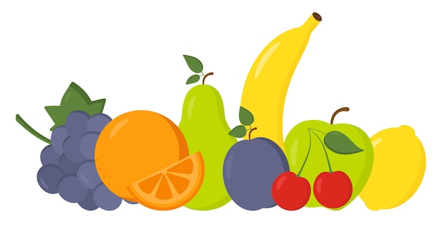 Vettore set di frutta fresca carina cibo vegetariano una corretta alimentazione banana ciliegia uva mela pera limone arancia