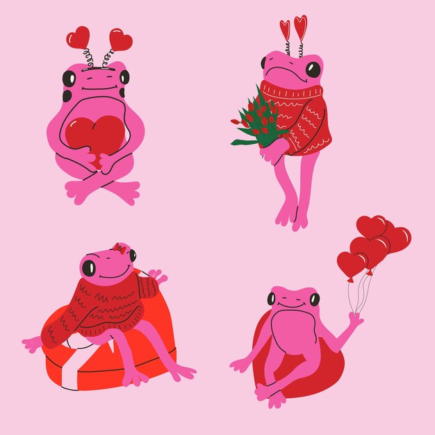 Set of Cute frog with valentines decorations Vector illustration