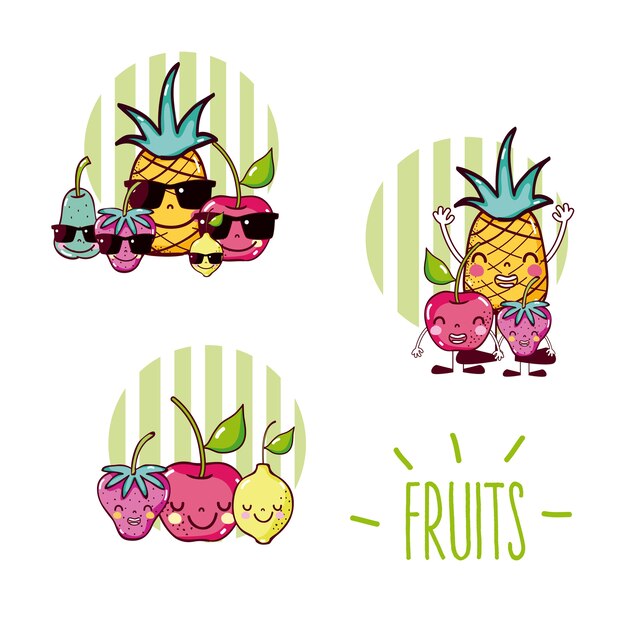 Set di icone circolari cartoni animati carino frutta