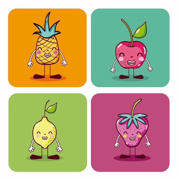 Vector set of cute fruits cartoons square icons